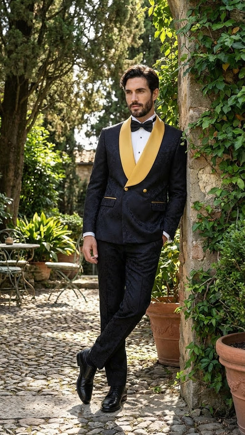 Black slim-fit tuxedo with gold shawl lapels and pocket detailing. Textured jacquard fabric. Tapered trousers. Includes white dress shirt and black bow tie.
