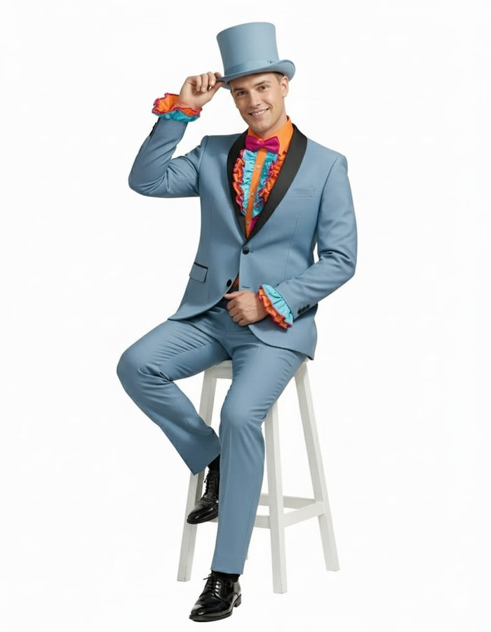Light blue slim-fit tuxedo with black lapel, colorful frilled shirt, pink bow tie, and top hat. Ruffled, multi-colored cuffs. Comedic, festive design.
