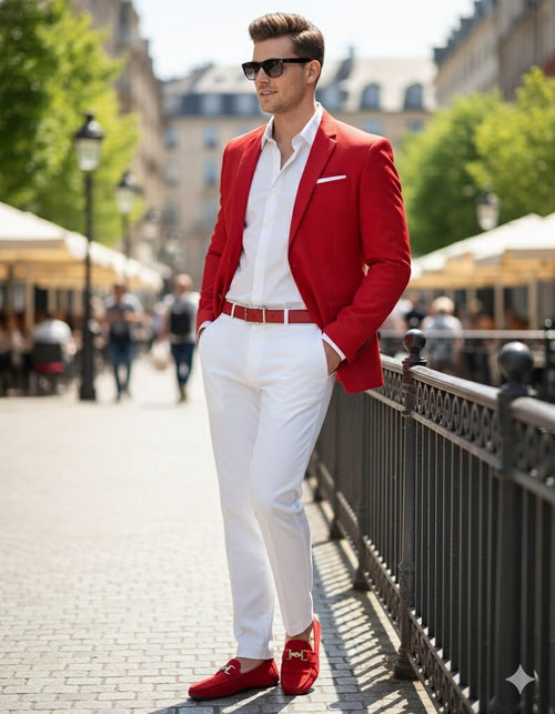 Men's red, single-button blazer with tailored fit. Paired with white, straight-leg trousers, white shirt, red belt & loafers.
