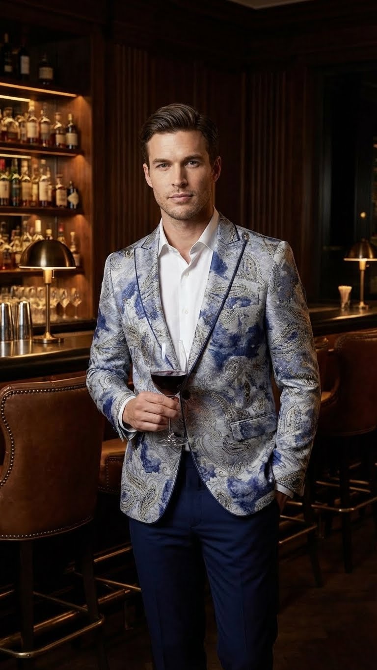 Men's navy & gray paisley blazer. Structured fit, peak lapels, intricate pattern. Features front pockets. Modern silhouette.
