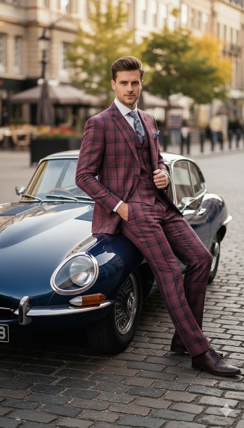 Burgundy plaid 3-piece suit: modern fit, textured fabric. Classic checkered pattern includes jacket, waistcoat, and trousers.
