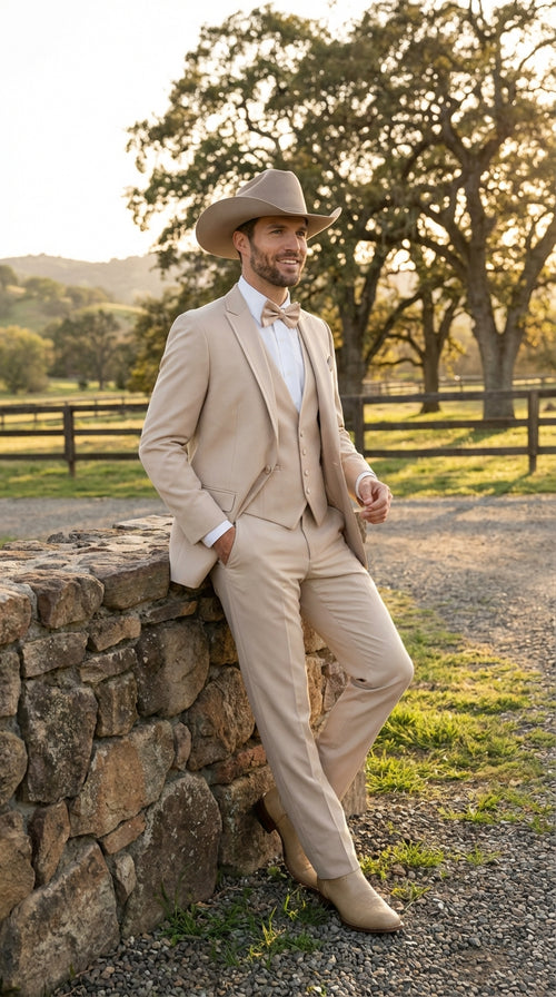 Mens Beige Tan Khaki CowboyTuxedo Suit – Western Formal Three Piece Suit with Jacket Vest and Pants