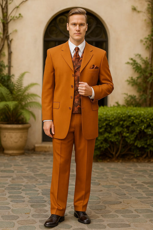 Men's rust three-piece suit: single-breasted jacket (notched lapel, 3 buttons), matching trousers (straight leg), and vest. Smooth, structured fabric. Jacket has pockets, vest with patterned detail.
