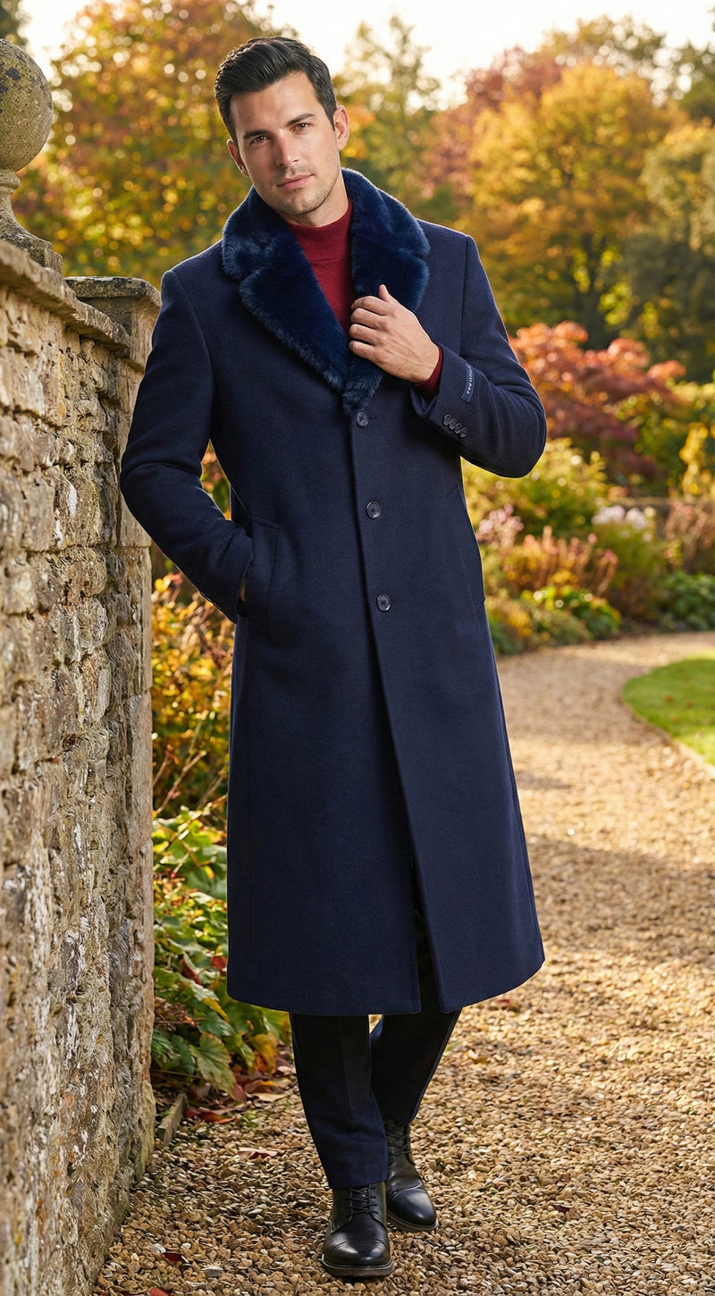 Mens Dark Navy Blue Long Overcoat with Faux Fur Collar, Classic Winter Dress Coat for Formal