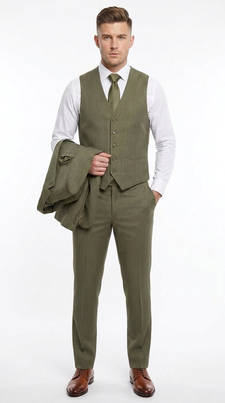 Men’s Olive Green Tone-on-Tone Shadow Pinstripe  3 Piece Suit – Modern Formal Suit with Vest Shadow Stripe