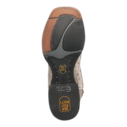 Dan Post Brutus boots: Men's square toe boots with genuine python snakeskin. Feature rubber & leather sole for traction and durability. Light tan textured exterior.
