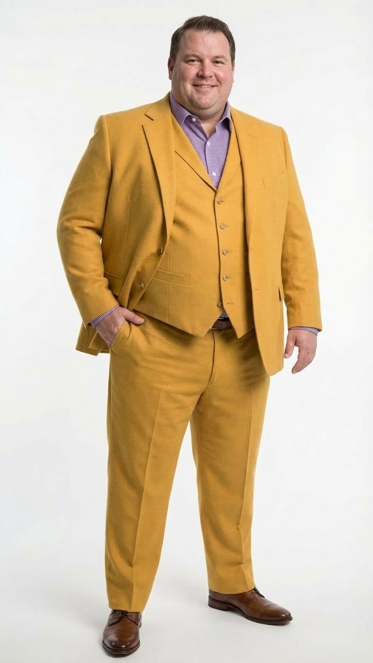 Mustard yellow men's three-piece suit. Modern fit, two-button notch lapel jacket, vest, and trousers. Textured fabric.
