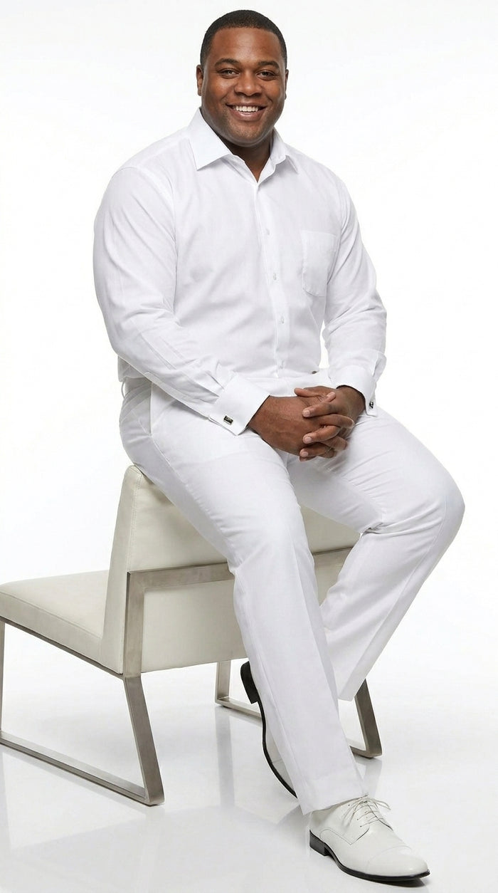 Men’s White Groomsmen Dress Shirt with Spread Collar, Long Sleeve Wedding Formal Shirt