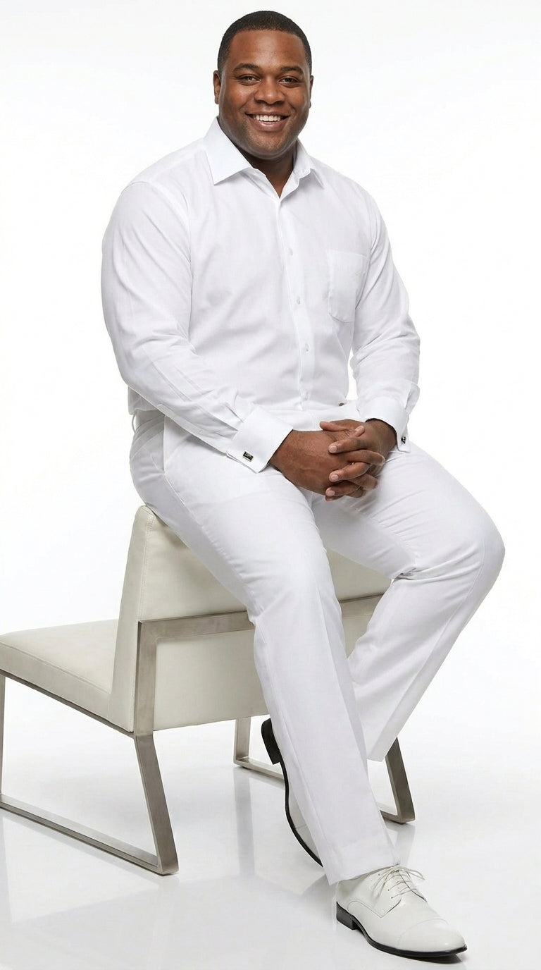 Men’s White Groomsmen Dress Shirt with Spread Collar, Long Sleeve Wedding Formal Shirt