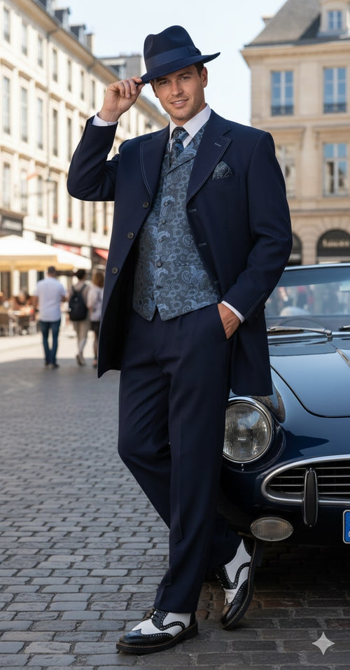 1920s navy blue zoot suit for men. Includes long jacket, paisley vest, and pleated, wide-leg pants. Structured classic fit. Black & white wingtip-style shoes complete the gangster look.