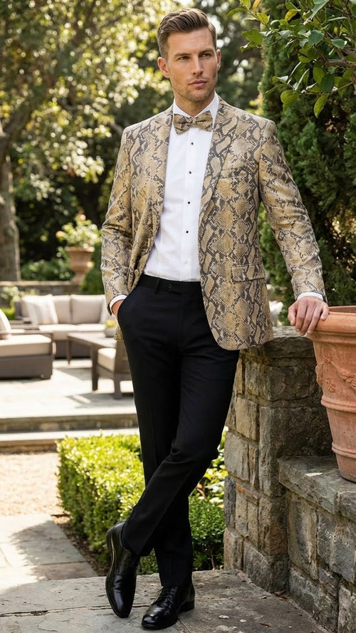 Alberto Nardoni men's blazer in beige and black snakeskin print. Fitted, single-breasted design with notched lapels and two front pockets. Paired with a white shirt and bow tie.
