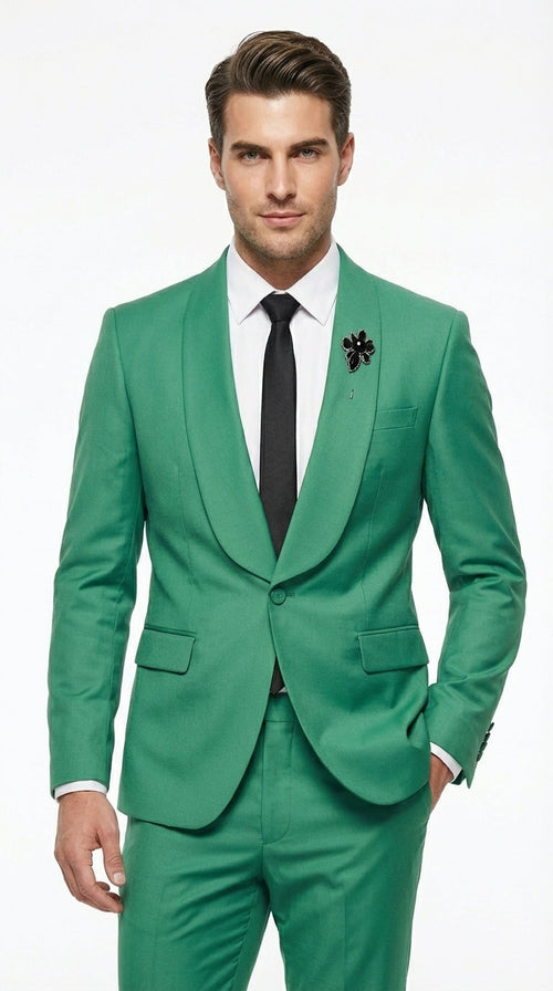 Men's Emerald Green Tuxedo Suit  Emerald Green Formal Tuxedo with Shawl  Lapel Jacket Trousers for Prom, Wedding in Augusta Green | Alberto Nardoni