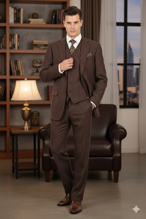 Men's brown pinstripe 3-piece suit: fitted jacket, vest, trousers. Darker brown vertical pinstripes. Smooth, textured fabric. Notched lapel, pockets, button closure jacket; straight-leg trousers.