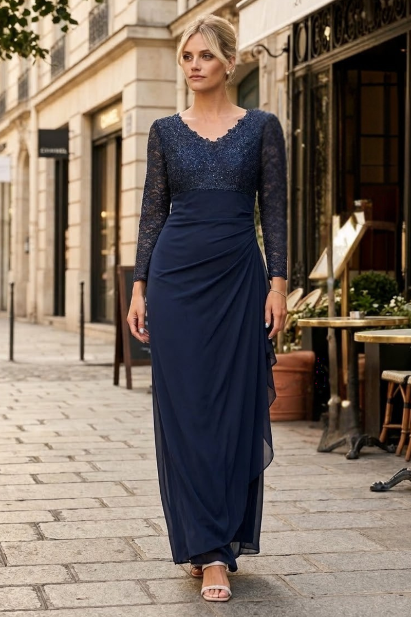 V-Neck Long Lace Gown Mother of the Groom Dress