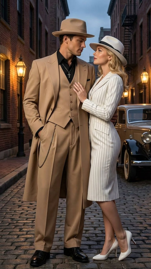Alberto Nardoni's beige 1920s zoot suit: tailored, loose fit, wide lapels, long coat. Three-piece design with vest, tapered trousers, and waist chain. Light fabric, smooth texture, embodies the classic style.