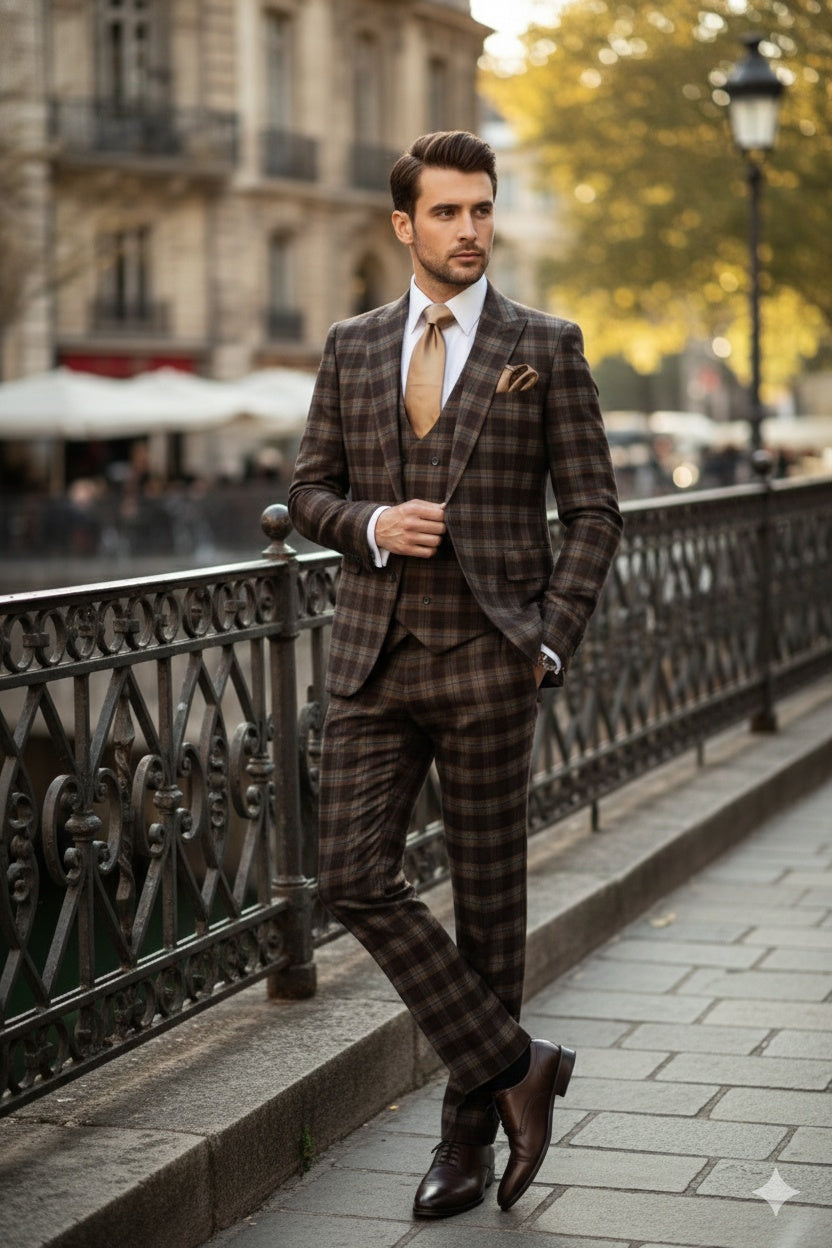Men’s Brown Plaid Windowpane Three-Piece Suit Set – Classic Slim Fit Jacket, Double-Breasted Vest and Modern Fit Pants  By Rossiman