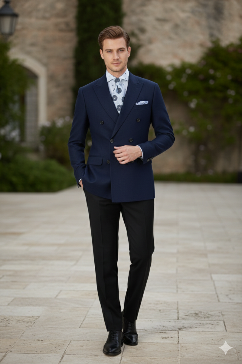 Navy double-breasted men's blazer. Structured design with wide lapels, dual buttons, and front pockets. Smooth, solid fabric; tailored fit for a formal look.
