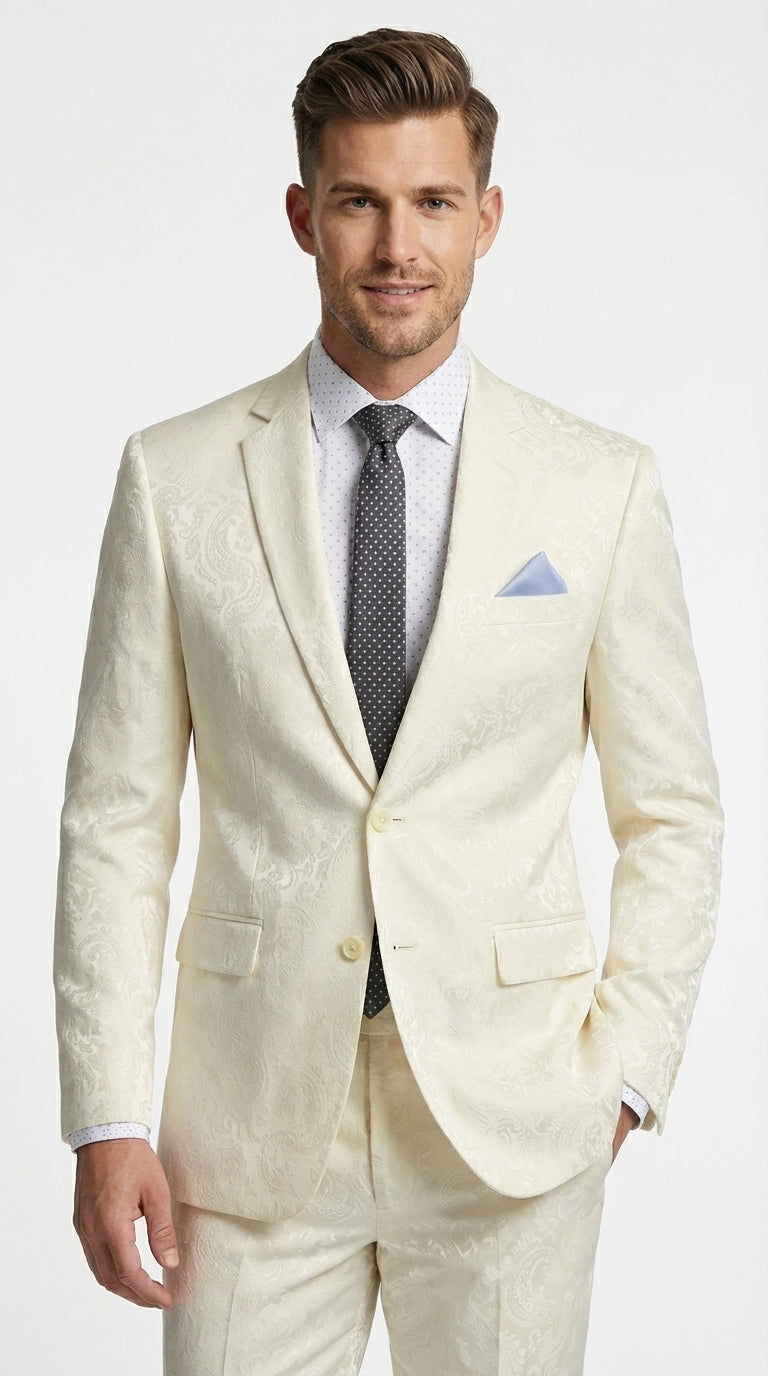 Men’s Ivory Paisley Shiny Suit – Flroal Formal Wedding and Prom Suit for Party, in Cream Off White