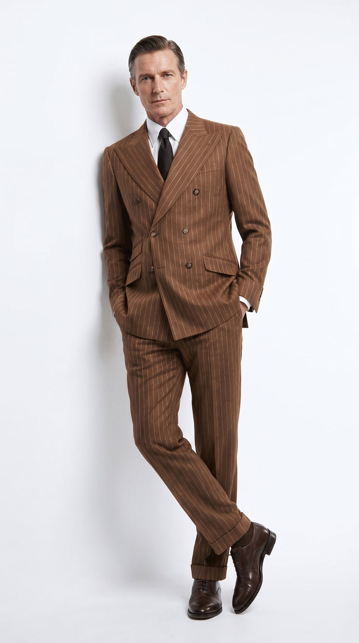 Men’s Vintage Brown Pinstripe Double-Breasted Suit – Classic 1920s Gatsby and 1930s 1940s 1950s Suit