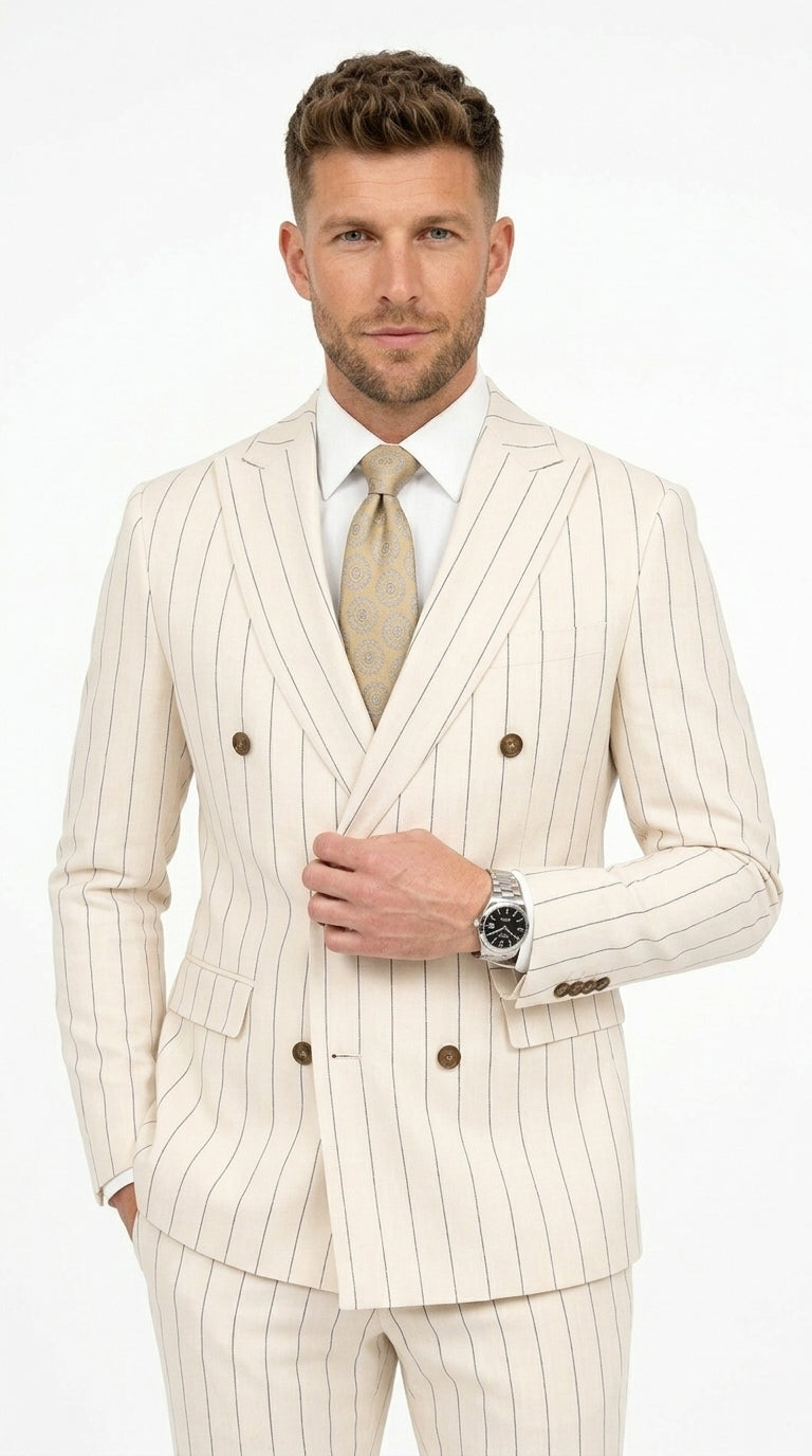 Men’s Cream Off White Pinstripe Linen Pinstripe 2 Piece Double Breasted Suit, Summer Wedding Ivory Color By Vitali