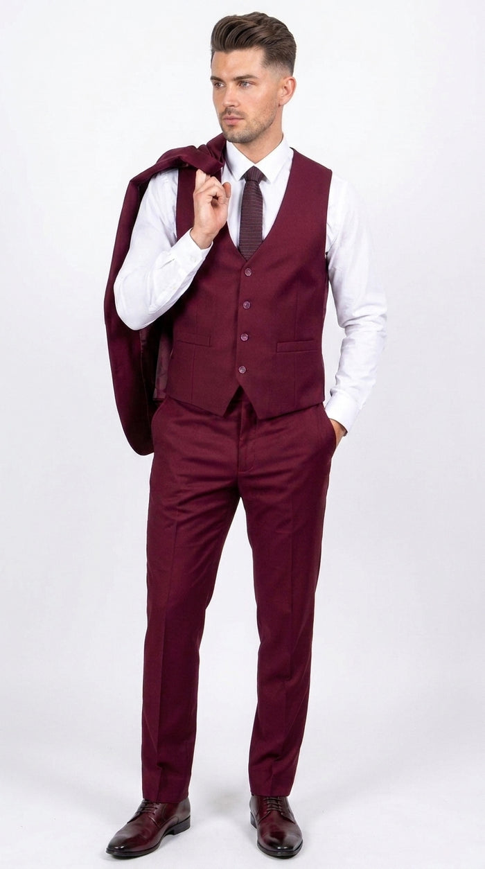 Men’s Stacy Adams Brand Burgundy 3 Piece Suit – Two Button Vested Style church wedding Modern Fit Suit