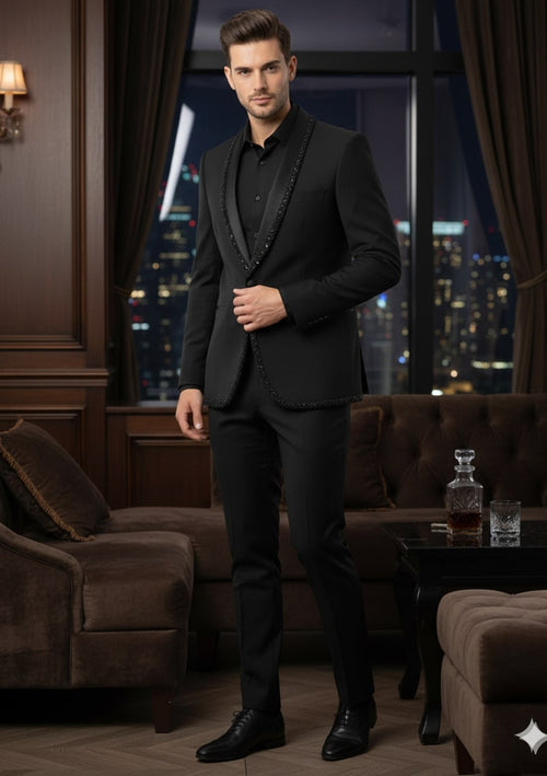 Men's classic black blazer with a structured silhouette and beaded lapel. Smooth black fabric, tailored fit, and monochromatic design for formal occasions. Elegant and distinctive.
