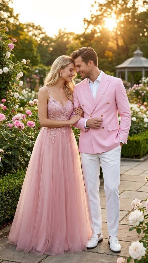 This men’s light pink double-breasted blazer features a tailored fit with dual-button closure, sharp lapels, and a smooth fabric. The color is a soft pastel pink.