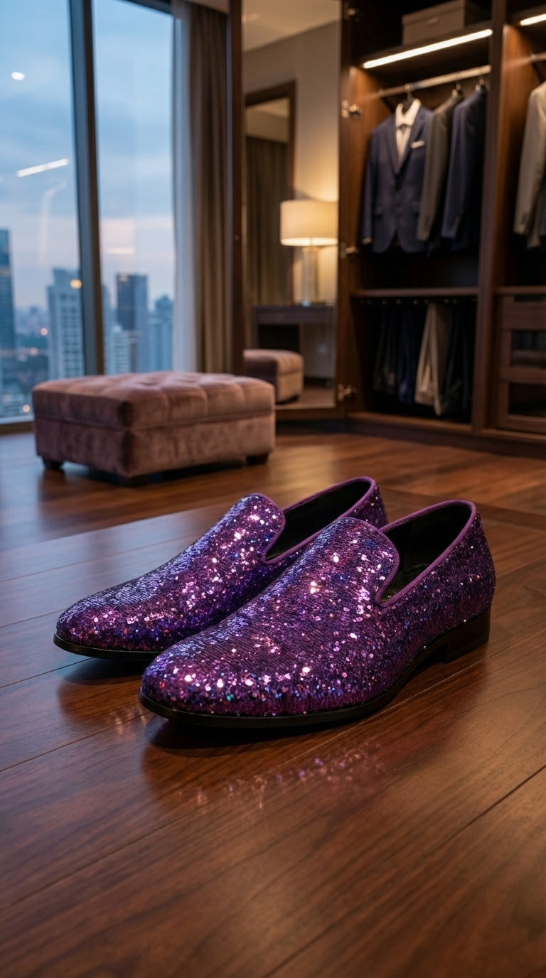 Mens Purple Sequin Dress Shoes Slip on  – Luxury Slip On Formal Loafers Wedding Prom Party Designer Footwear