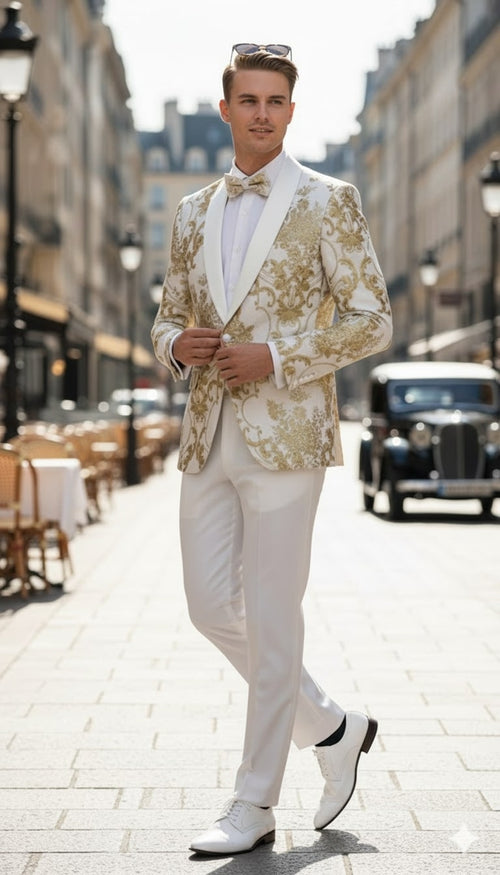 Men's white tuxedo jacket with gold floral details. Satin lapel, fitted, tailored structure. Intricate gold floral patterns on a white background.
