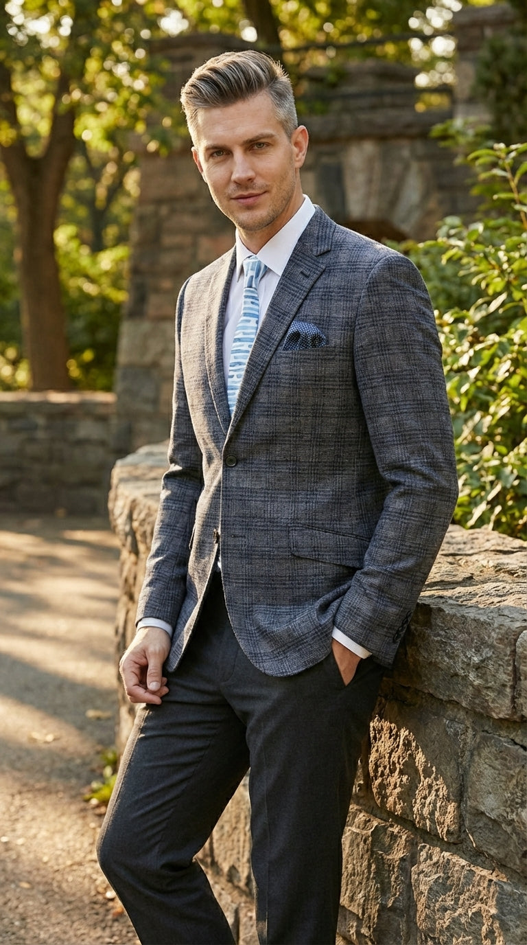 Mens Charcoal Gray with Blue Plaid Pattern Blazer Jacket – Classic Check Pattern Sport Coat for Business, Office, and Smart Casual Wear