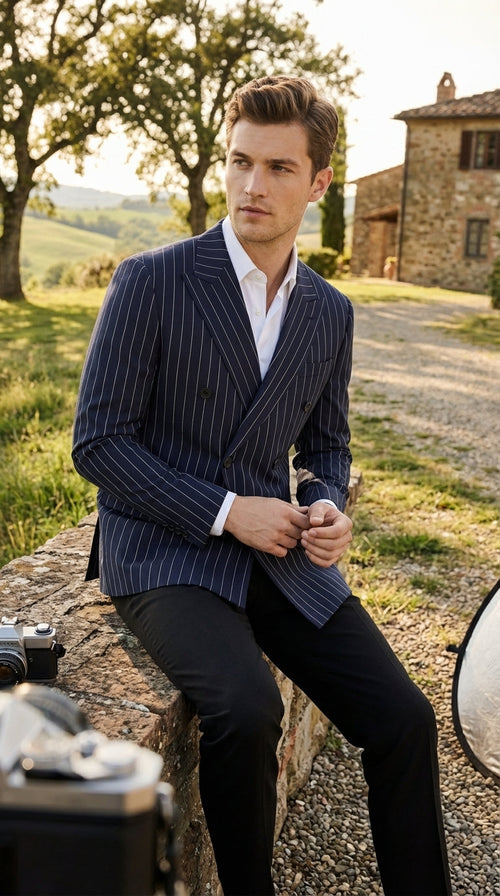 Mens Navy Blue Pinstripe Double Breasted Blazer Sport Coat – Classic Formal Business Jacket for Party and Smart Casual Wear