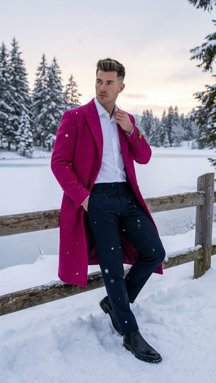 Hot pink men's overcoat in a wool blend. Classic long silhouette, tailored fit, structured shoulders. Solid color, button closure, notched lapels, and smooth finish.
