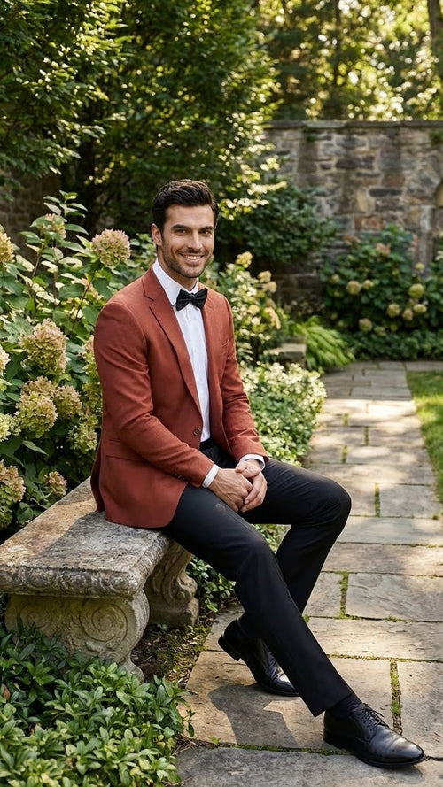 Alberto Nardoni men's brick copper rust blazer. Slim fit, notched lapel, single-button closure. Smooth fabric, tailored lines. Long sleeves, buttoned cuffs, flap pockets. Rich, warm color for a distinctive look.
