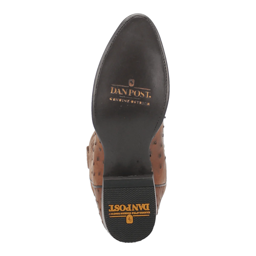 Dan Post Tempe boots. Full quill ostrich leather in saddle brown. Round toe. Black sole with branding. Textured upper, structured design.
