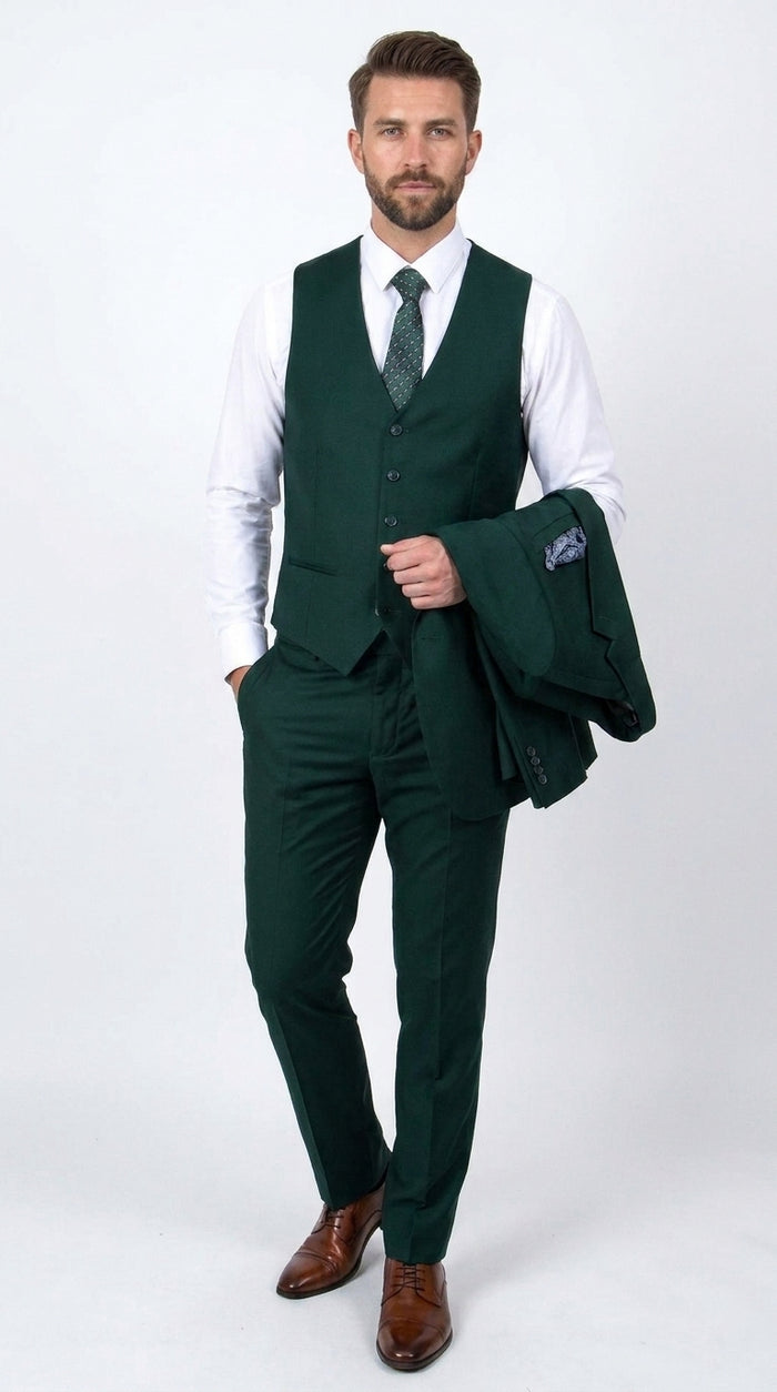 Men’s Stacey Adams Designer Hunter Green 3 Piece Suit – Two Button Vested Classic Wedding, Prom & Formal Suit