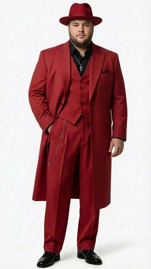 Alberto Nardoni men's 1920s red zoot suit: long coat, vest, wide-leg trousers. Solid red, smooth texture. Silver chain. Loose fit. Includes red fedora.