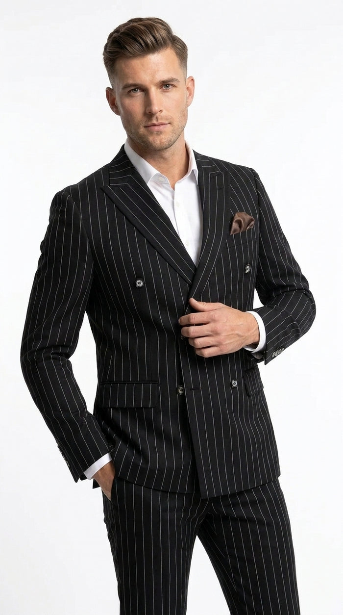 Men's Black Pinstripe Tuxedo Suit – Classic  & 1920s Gangster Formal Wear Vintage 1940s 1930s Look