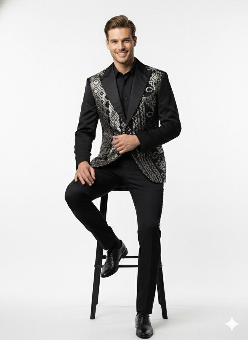 Mens Black and White and Silver Sequin Embroidered Blazer â€“ Luxury Designer Party Wear with Geometric Detailing