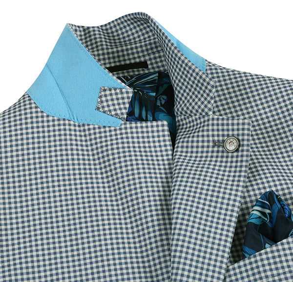 Sage blue check blazer with light blue collar. Slim fit, single-button closure, and structured shape. Interior floral pocket. Varying blue & white checkered pattern.
