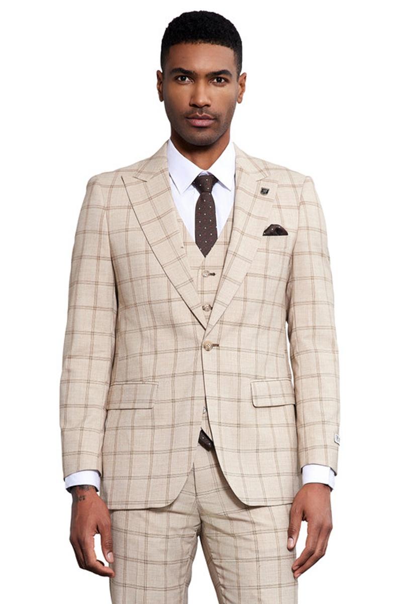 Tan windowpane plaid Stacy Adams men's suit. Fitted cut, one-button closure, peak lapels. Includes matching vest. Light tan with brown lines. Structured seams and two front pockets. Smooth material.
