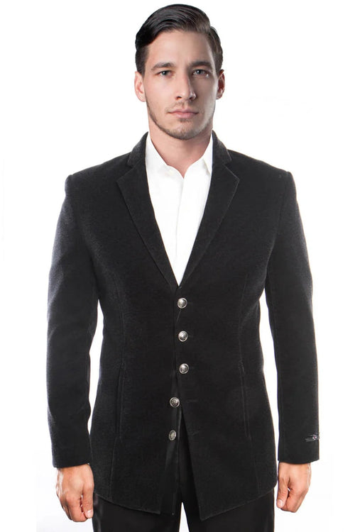 Men's black vintage velvet coat with a fitted silhouette. Features notched lapels, five metallic buttons, and a soft, smooth texture. A sleek and stylish look.

