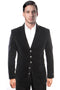 Men's black vintage velvet coat with a fitted silhouette. Features notched lapels, five metallic buttons, and a soft, smooth texture. A sleek and stylish look.
