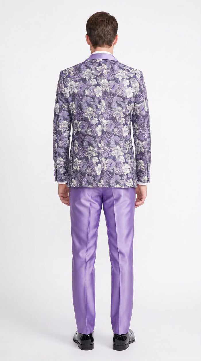 Men’s Lilac Lavender Prom Suit – Floral Shawl Lapel 3 Piece Tuxedo with Matching Vest and Pants