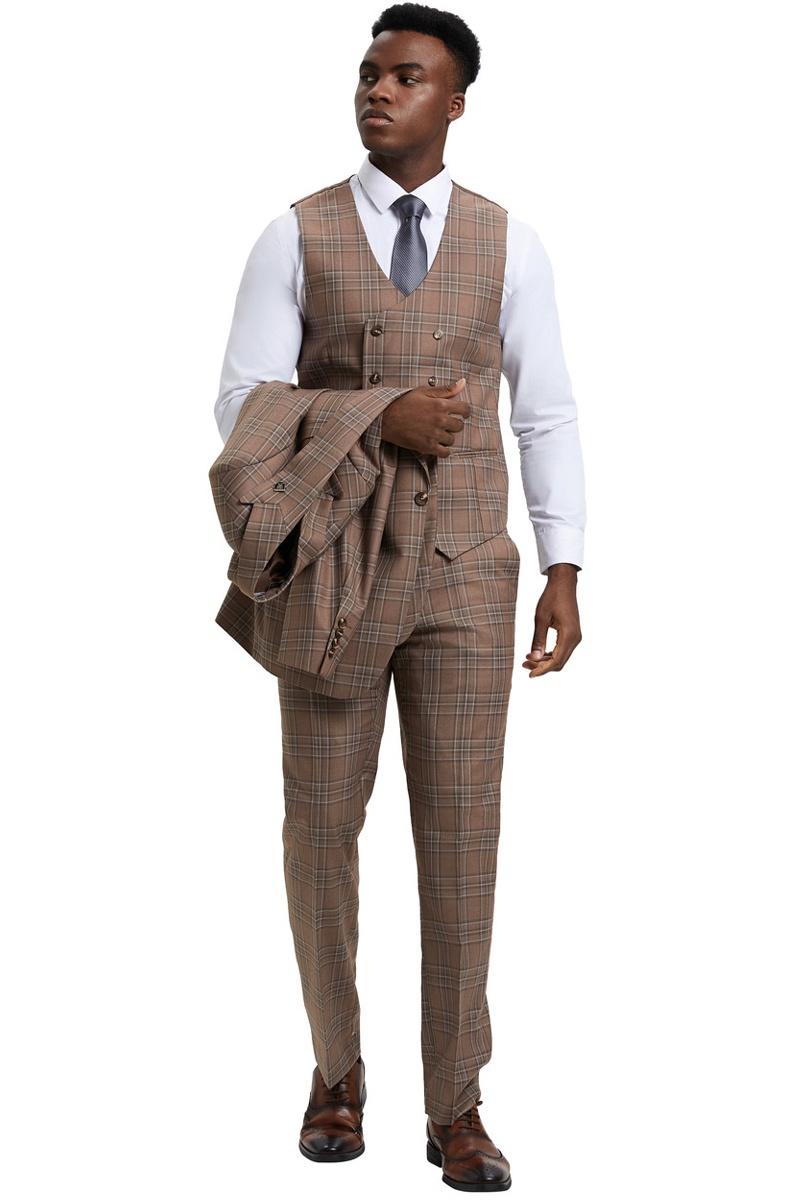 Stacy Adams men's suit: light brown plaid, one-button peak lapel double-breasted vest. Matching plaid pants with a fitted silhouette. Jacket included, light brown color scheme, tailored and cohesive.
