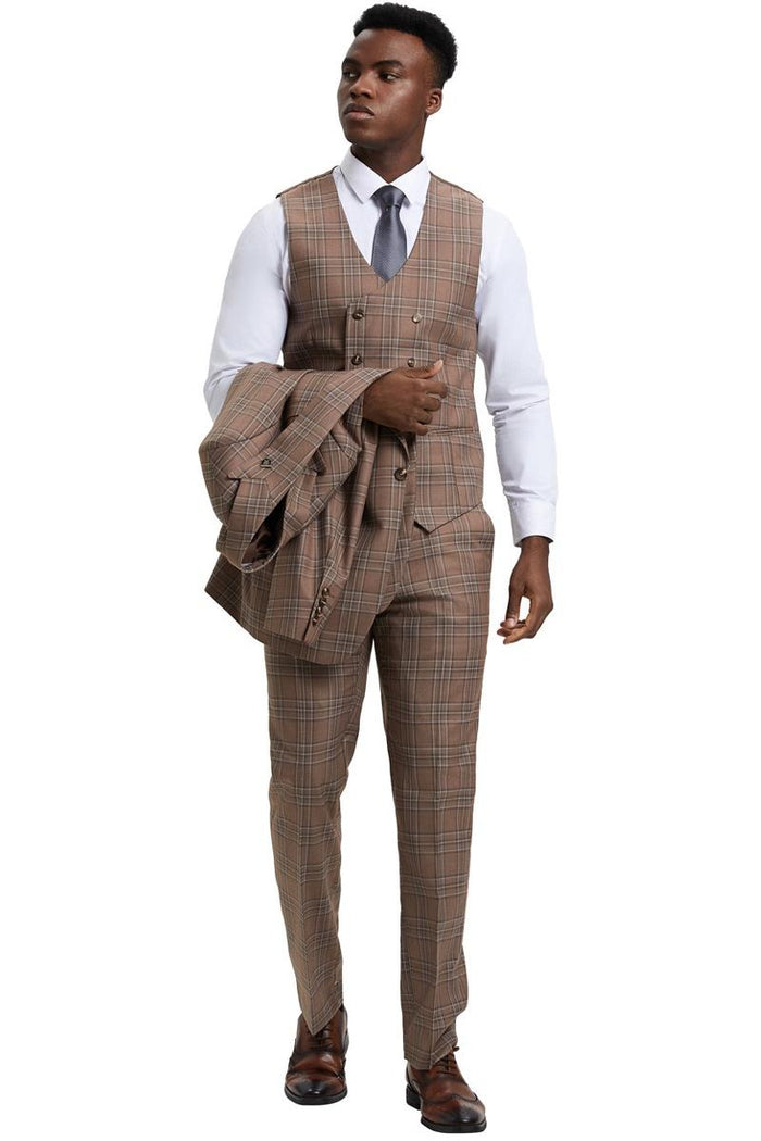 Stacy Adams men's suit: light brown plaid, one-button peak lapel double-breasted vest. Matching plaid pants with a fitted silhouette. Jacket included, light brown color scheme, tailored and cohesive.
