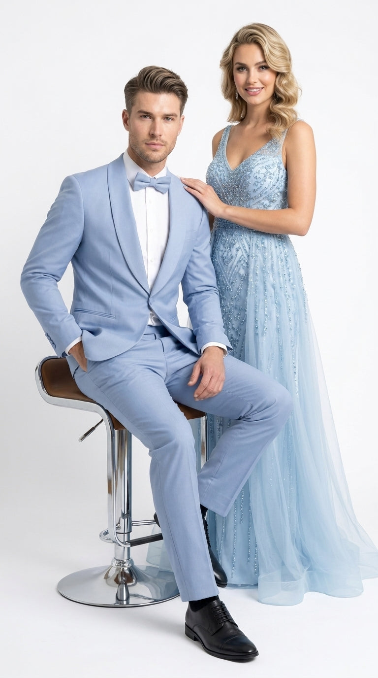 Men’s Powder Blue 2 Piece Tuxedo Suit – Light Blue Wedding Prom Tux with Matching Pants Light Baby Blue
