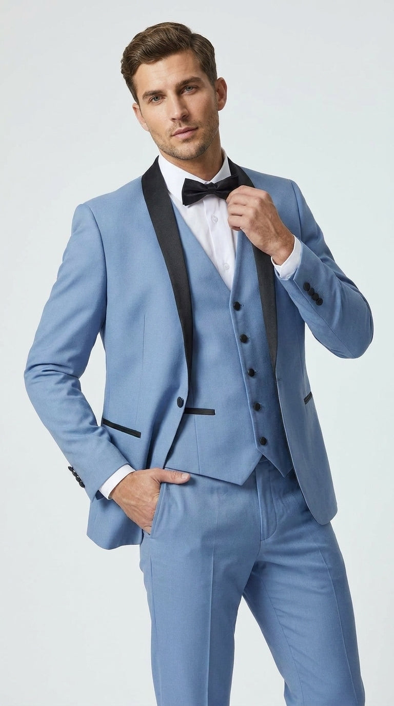Men’s Powder Blue 3 Piece Tuxedo Suit – Light Blue Shawl Lapel Wedding Prom Suit with Vest