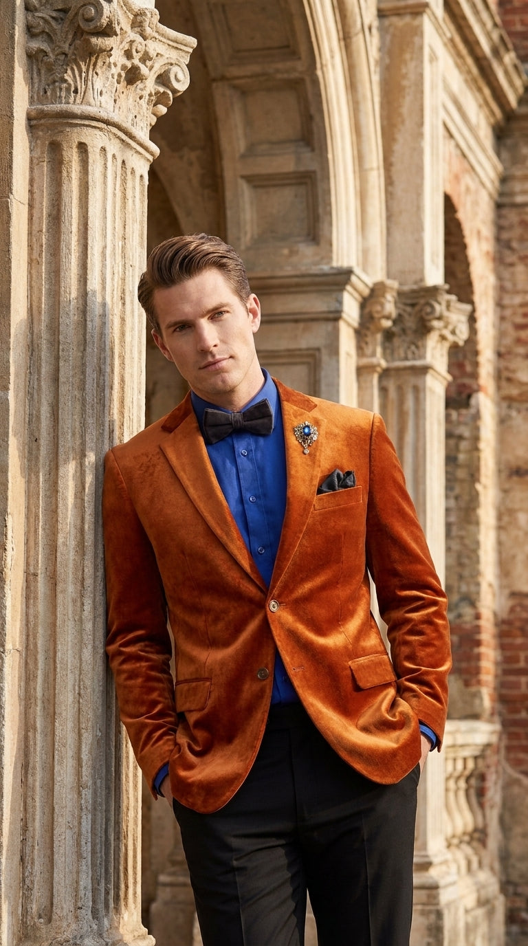 Men’s Burnt Orange Velvet Blazer – Kingsman Golden Bee Inspired Luxury Dinner Jacket