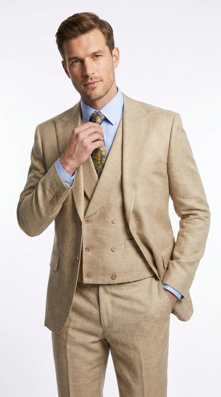 Men’s Great Gatsby Tan Summer Sharkskin 3 Piece – Double Breasted Vest Classic 1920s Groosmen Suit