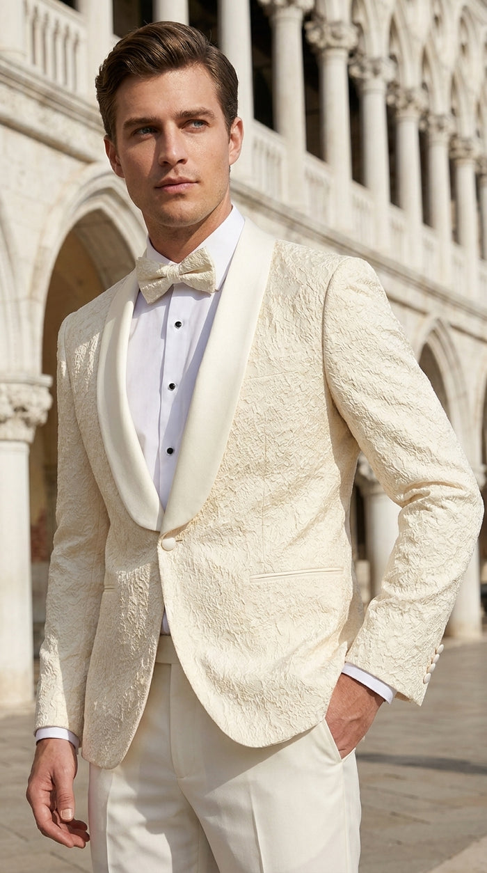 Men’s Ivory Off White Jacquard Dinner Jacket – Cream Tuxedo Blazer for Weddings & Formal Events + Bowtie included
